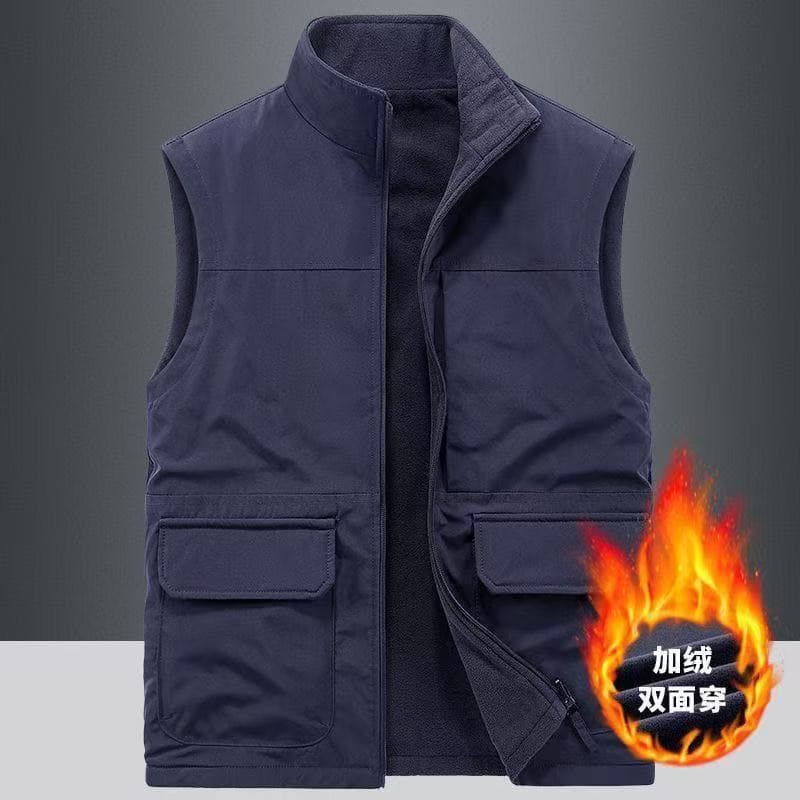 Men's outdoor vest, reversible, multi-pocket, casual, warm, workwear style, sleeveless jacket, suitable for autumn and winter.