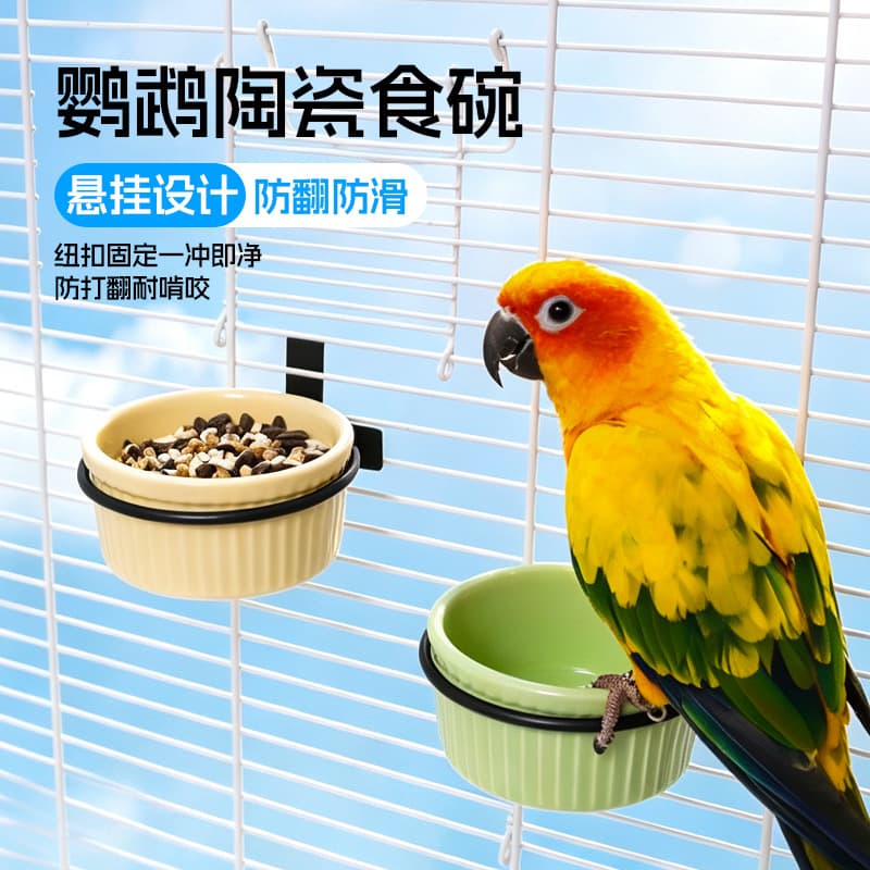 Parrot food box ceramic bowl anti-splash bird food can anti-turn drinking water bowl bird cage hanging food bowl anti-spill bird feeder