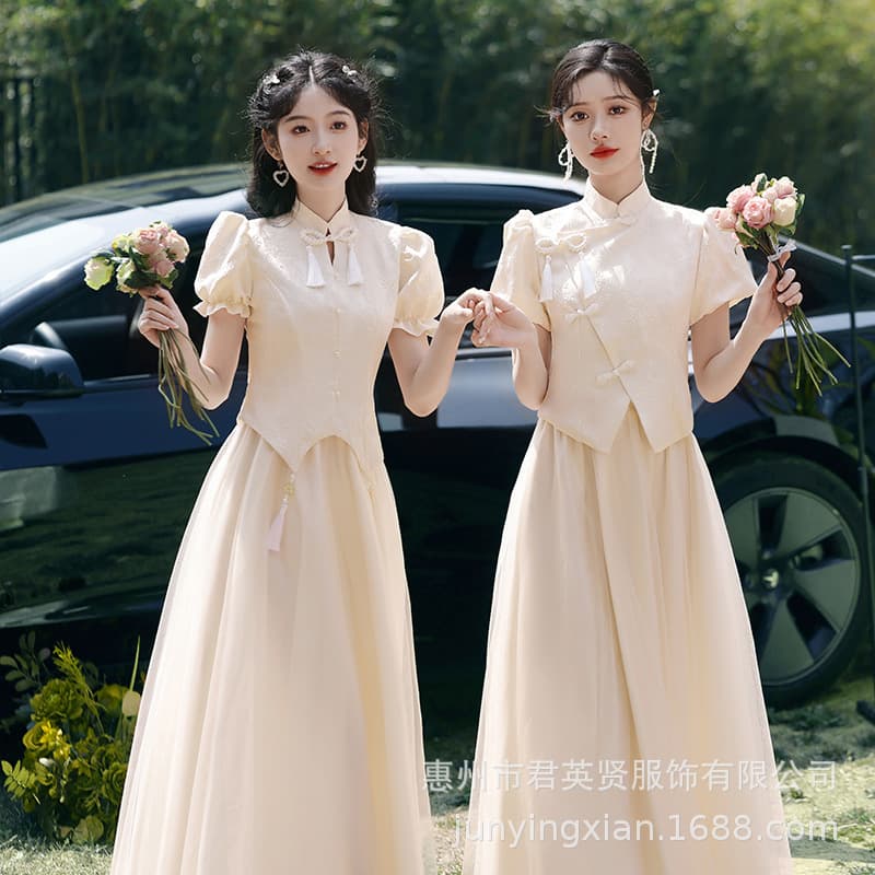 New Chinese style bridesmaid dresses, 2025 summer style, petite and elegant, suitable for everyday wear as bridesmaids or bridesmaids.