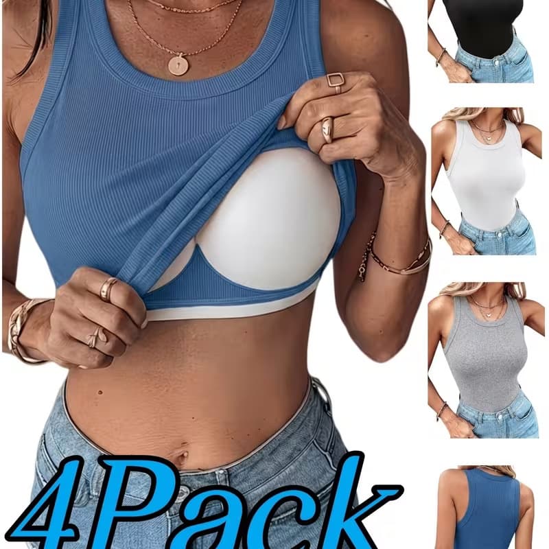Women's Camisole Top with Built-in Pads, Summer Outerwear, Bra-Integrated Inner Layer, New Ribbed Sleeve Base Top