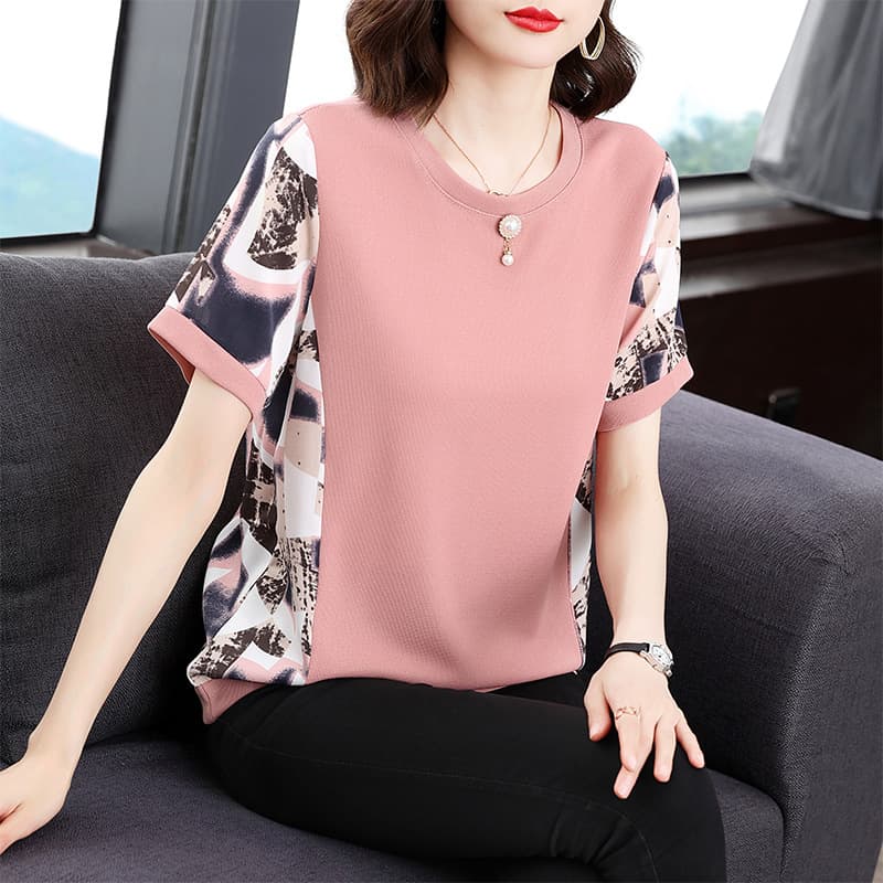 Printed Short Sleeve T-Shirt for Women Summer Loose Top 2023 Style Round Neck Age-Defying Middle-Aged and Elderly Fashion Casual Tee