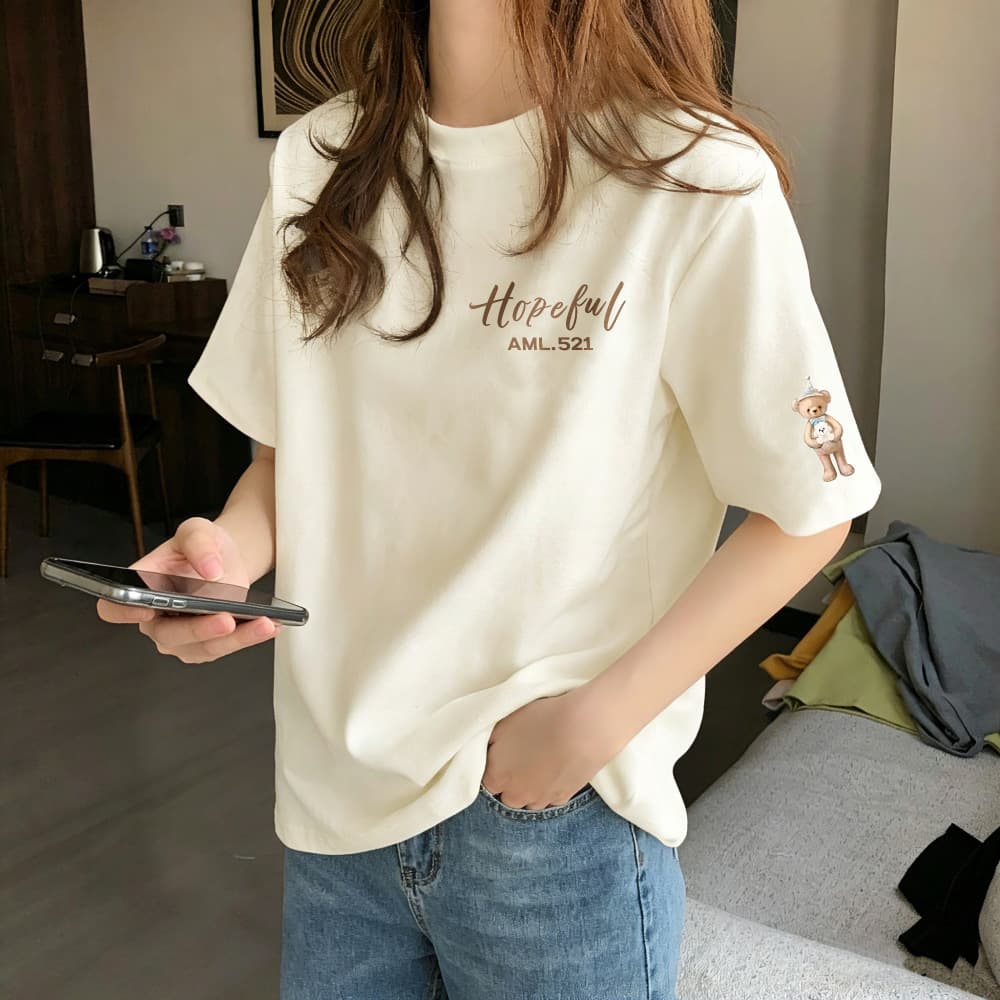 Women's Printed Cotton Short-Sleeve Crew Neck Top, Versatile and Breathable Casual T-Shirt, Korean Trendy Adult Women's Clothing Ins Style