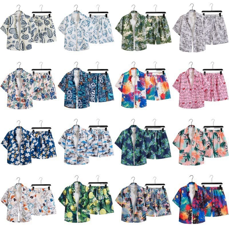 Cross-border Floral Print Short Sleeve Shirt and Shorts Set for Men and Women, Loose and Relaxed Beach Style