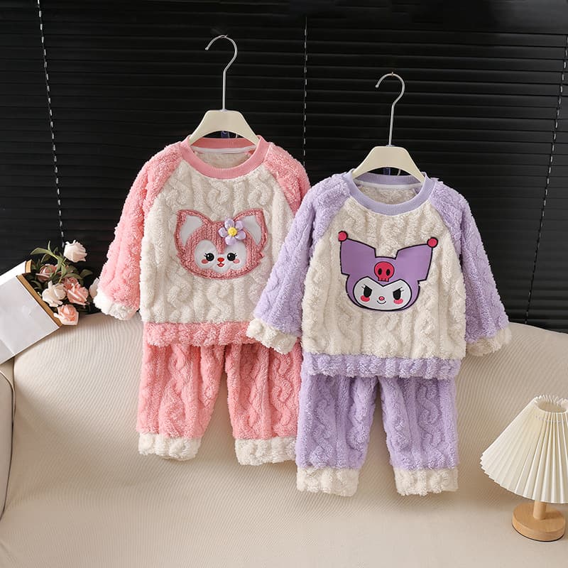Winter Cartoon Style Warm Coral Fleece Homewear Set for Women, Cute Casual Outfit for Kids and Teens Princess Autumn and Winter