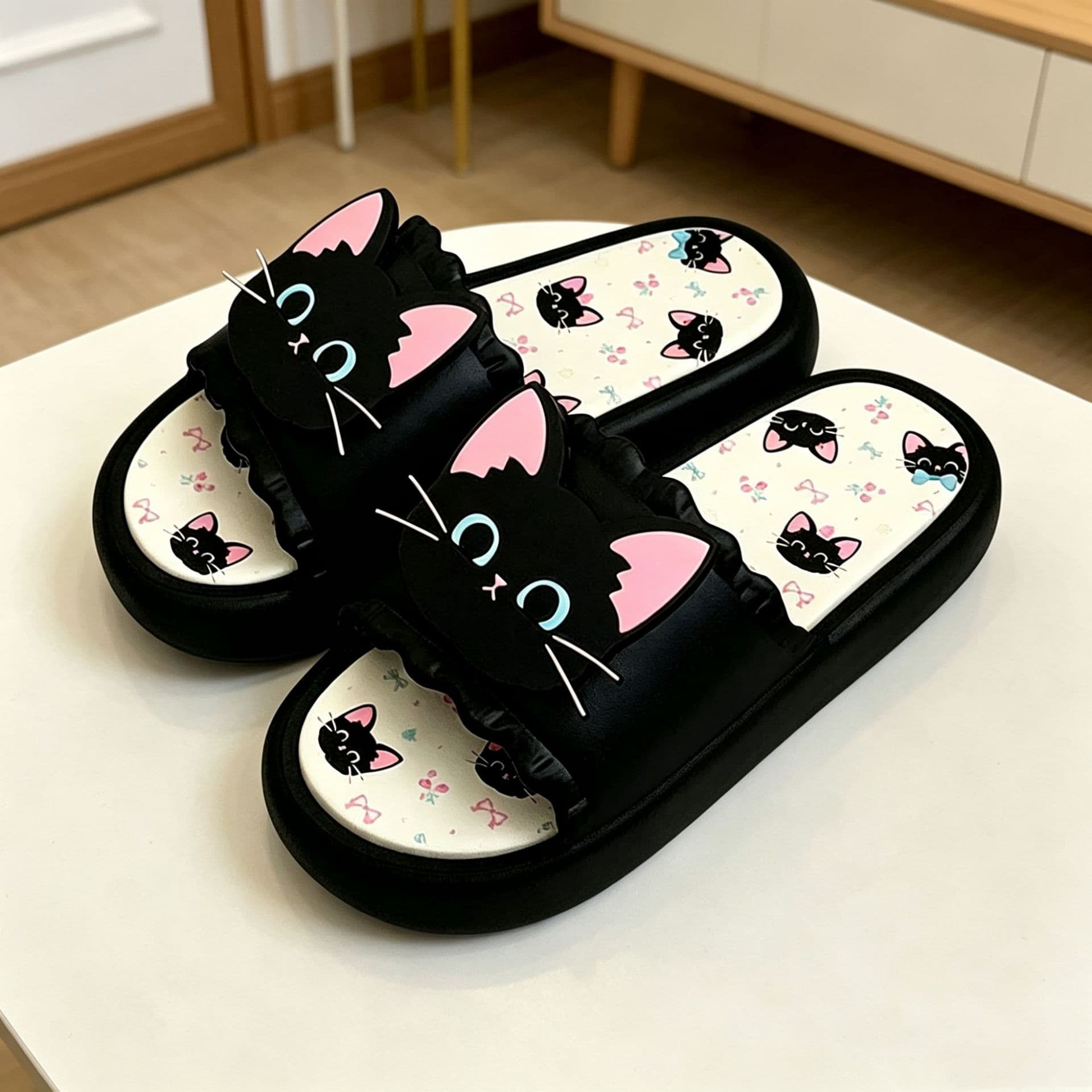 Trendy Casual Slippers for Women, Soft Sole, Sweet Cool Black Cat Design, Outdoor One-Strap Style, Hot Selling