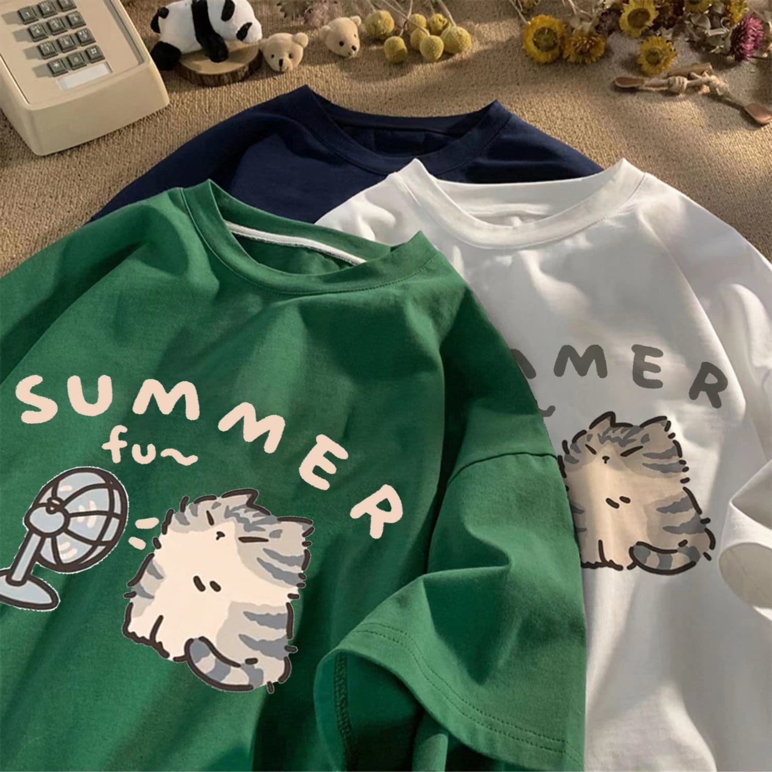 [Taiwan Cross-Border Wholesale] Summer New Printed Letter Kitten T-Shirt Men and Women Round Neck Loose Casual Top