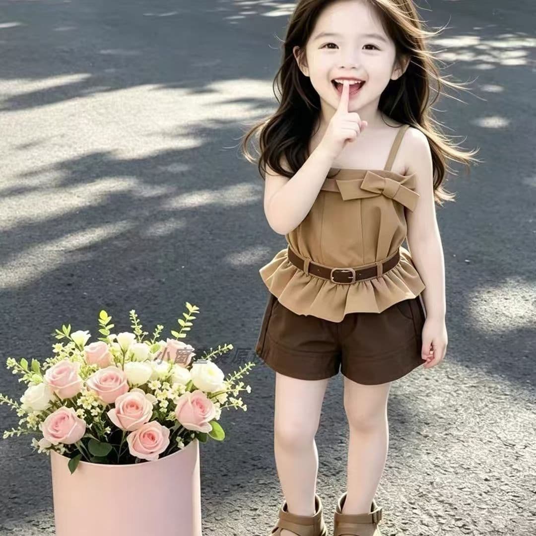 2026 New Girls Summer Suit American Hot Girl Bow Waist Suspender Design Casual Brown Shorts