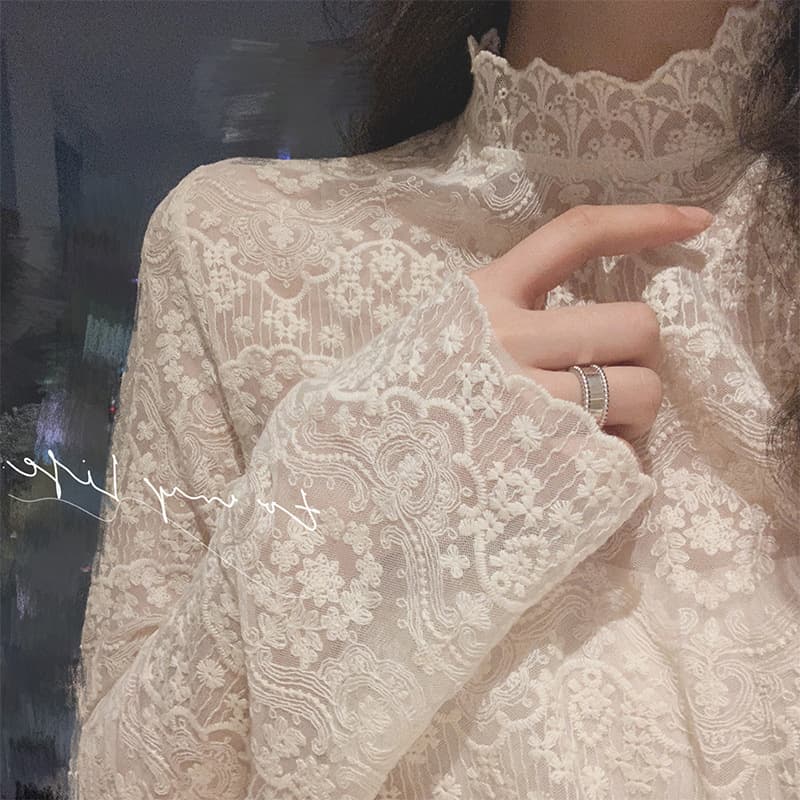 New autumn style women's high-neck embroidered lace top, super fairy-like mesh base layer, ethereal top