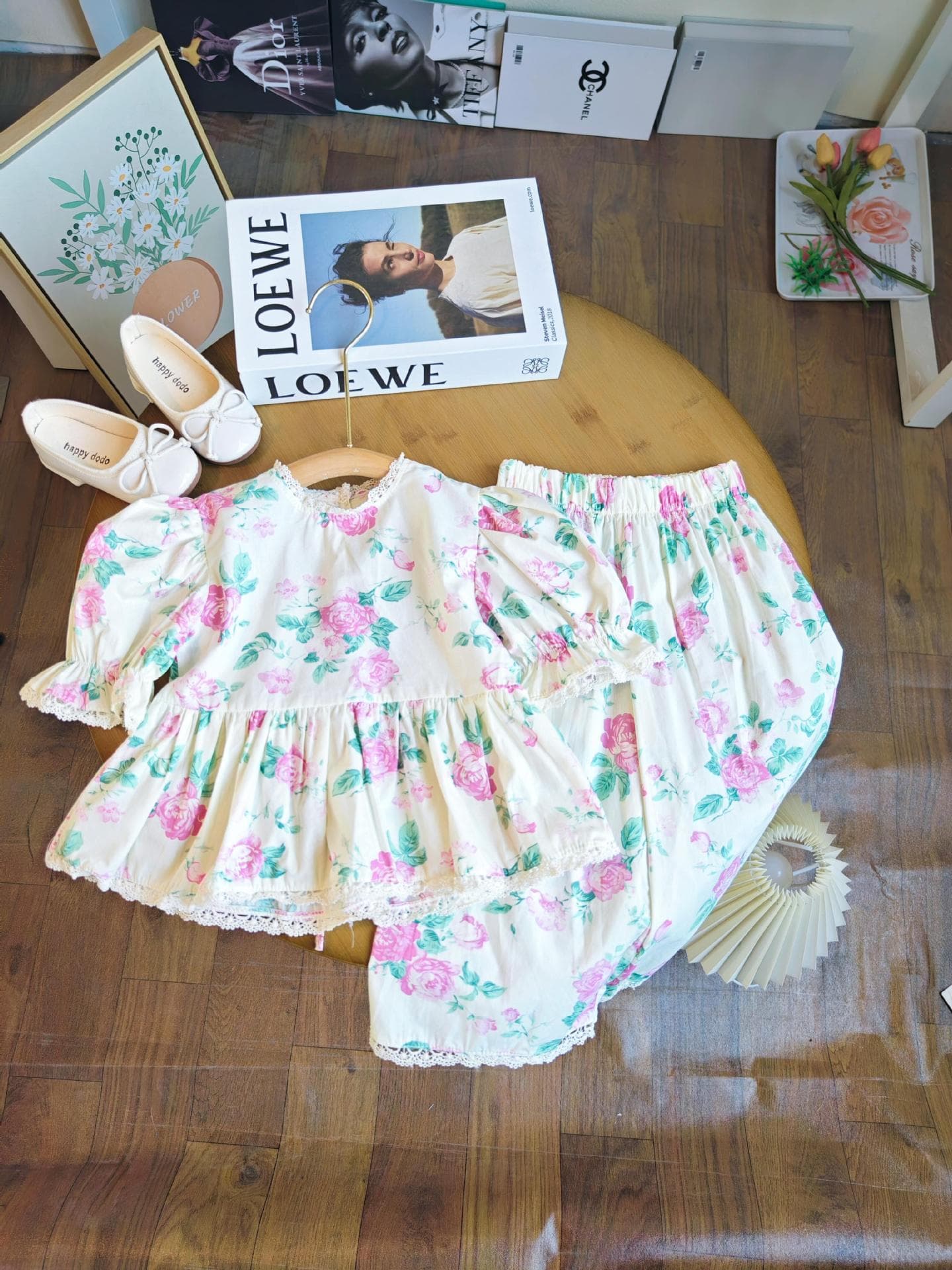Ancorelala 2024 spring and summer new girls' clothing floral puff sleeve top and wide-leg pants two-piece trendy set