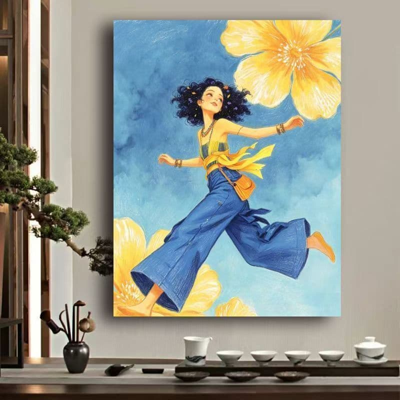 DIY digital oil painting of blooming flowers and dreaming girl acrylic oil coloring painting gentle high-end desktop ornaments decorative painting
