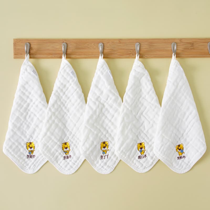 Wholesale Cotton Square Towel Cartoon Little Tiger Embroidery Baby Gauze Six-Layer Bib Kindergarten Infant Face Towel