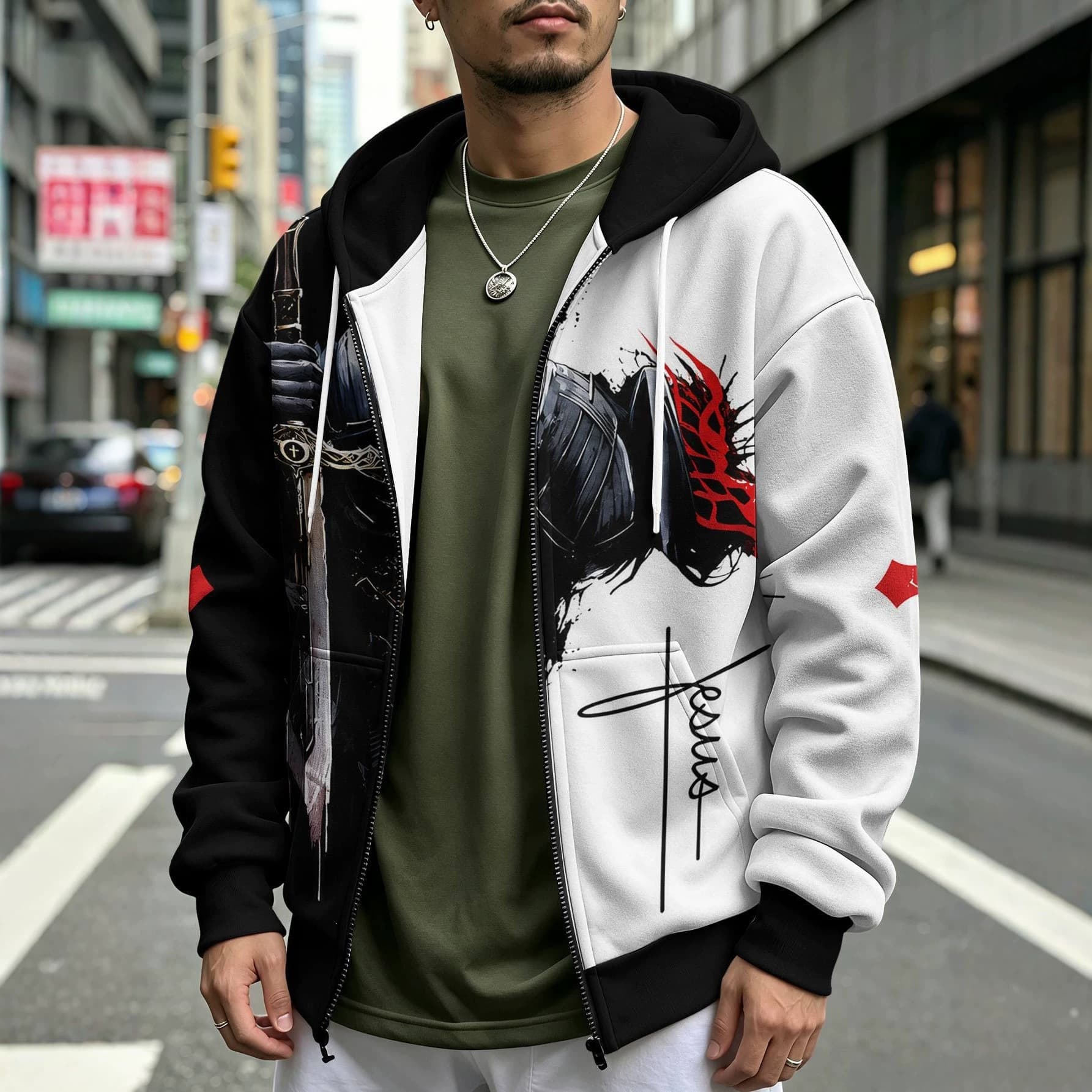 Cross-border 3D Dark Knight Holy Sword Full-Print Zip Hoodie Cross Faith Black and White Men's Loose Hooded Jacket