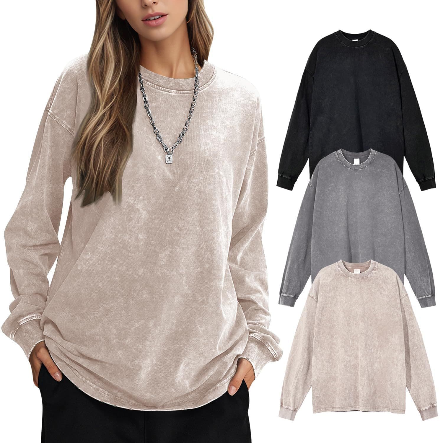 2026 Cross-Border American Style Heavyweight Cotton Washed Vintage T-Shirt Long Sleeve Oversized Drop Shoulder Retro Autumn Top
