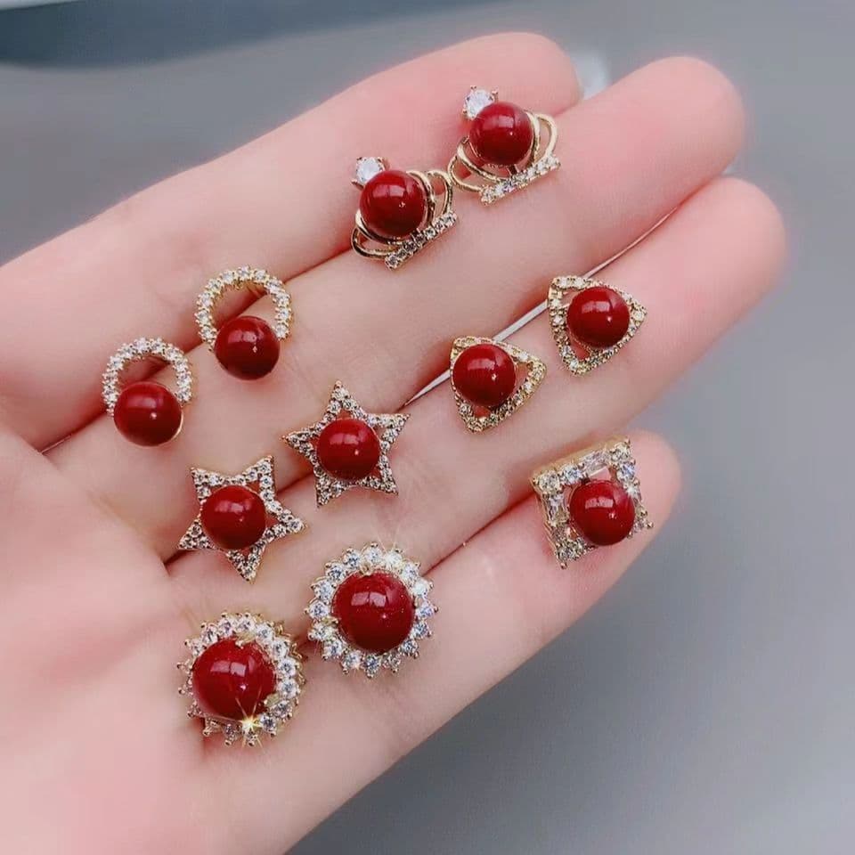Inlaid Cinnabar Earrings 925 Silver Earrings Zodiac Year Versatile Purple Gold Sand Round Bead Women's Earrings