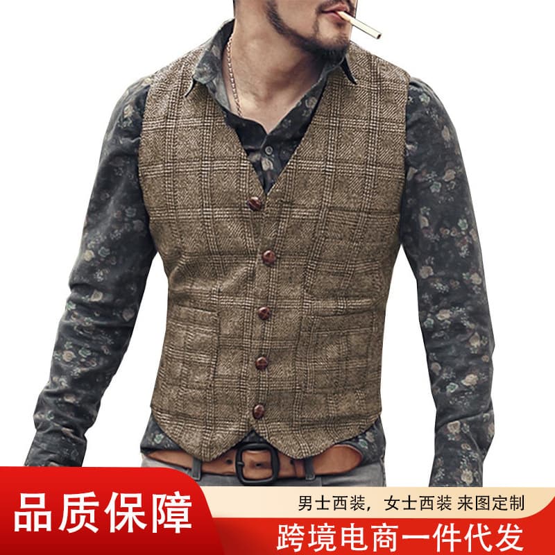 Cross-border hot-selling men's suit vest plaid casual vest for grooms and best men, slim fit vest, export dropshipping available.