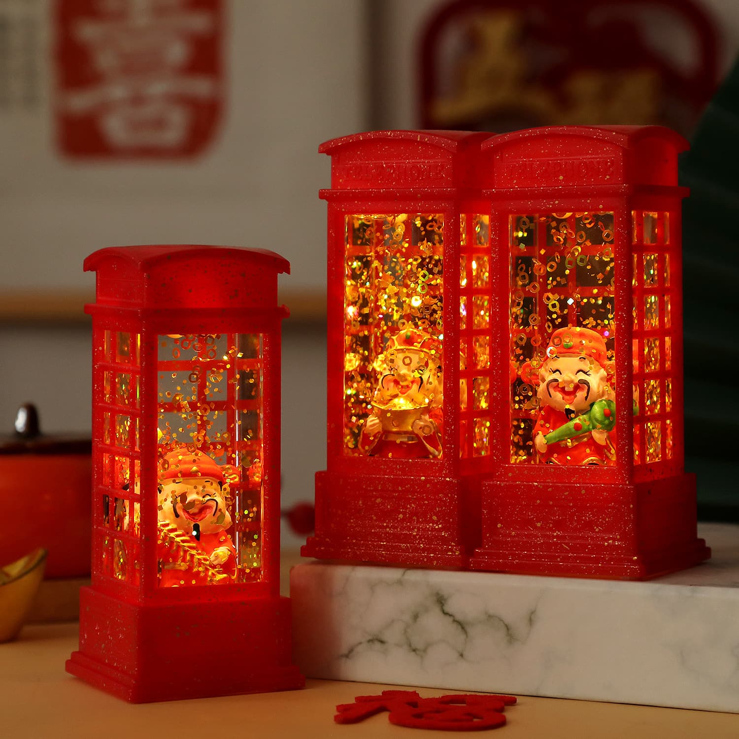 New Year God of Wealth Water-Filled Telephone Booth Night Light Desktop Decoration New Year Gift