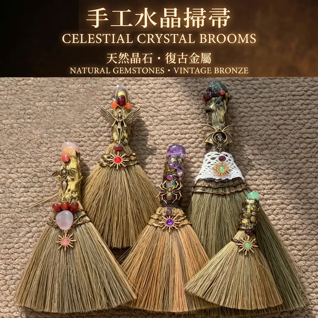 Cross-border Natural Crystal Broom Crystal Cleansing Mini Broom Halloween Magic Prop Broom Ornament Decoration