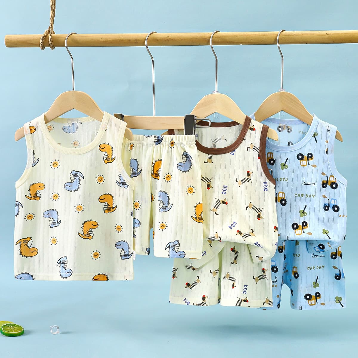 New 2025 Children's Summer Jacquard Pure Cotton Vest Short Set, Boys and Girls Sleeveless Cartoon Breathable Trendy Kids' Wear