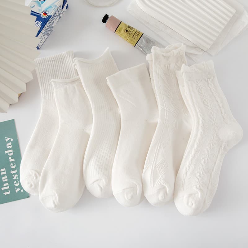 Spring and Autumn White Mid-Calf Women's Socks Cute Japanese JK Socks Ins Trend Summer Solid Color Long Tube Lolita Lace Socks