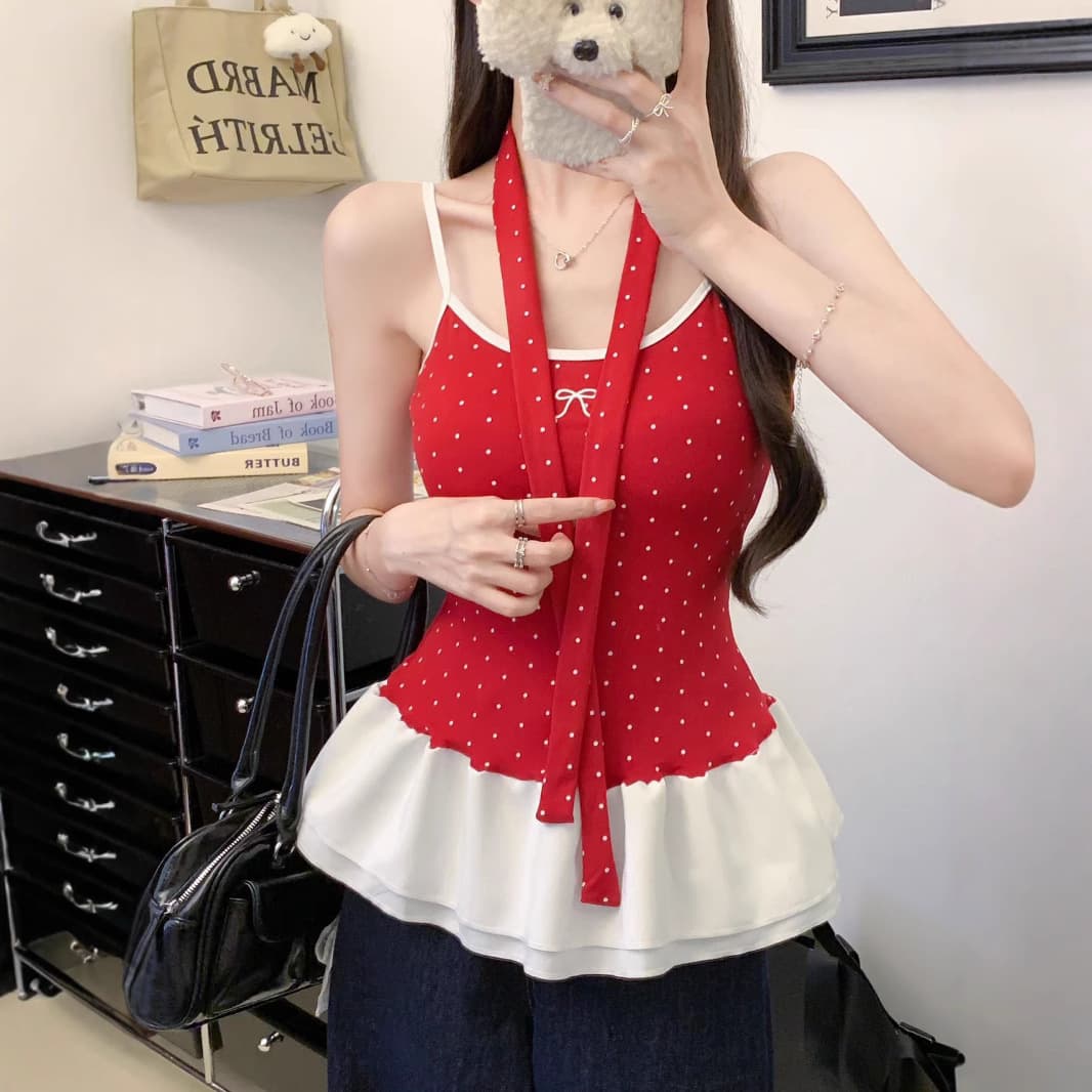 Sexy Red Halter Polka Dot Pleated Trim Camisole Top for Women 2025 Summer New Pure Desire Style Waist-Cinching Blouse