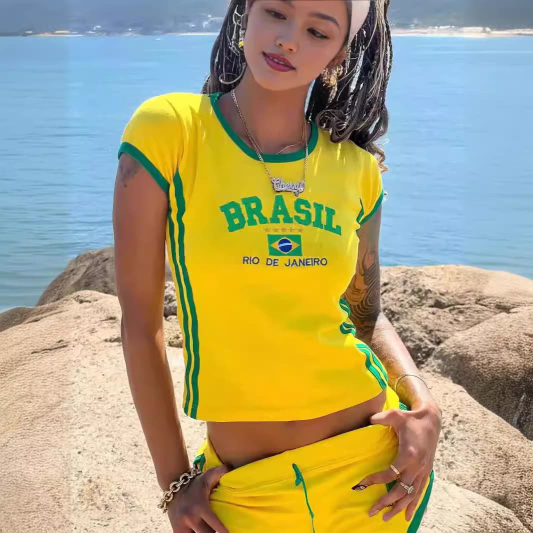 2024 Brazilian Letter Embroidery Aesthetic Retro Top Summer T-Shirt Embroidered Pattern Short Sleeve Set Summer
