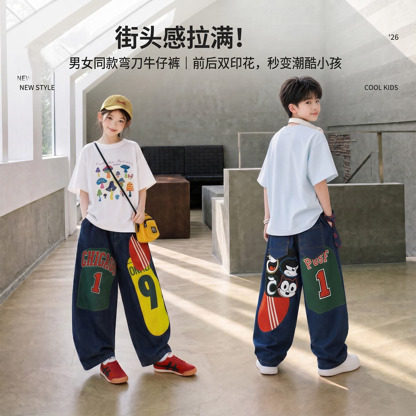 Summer new trendy brand girls' suits, big children's fashionable printed short-sleeved autumn jeans for men and women