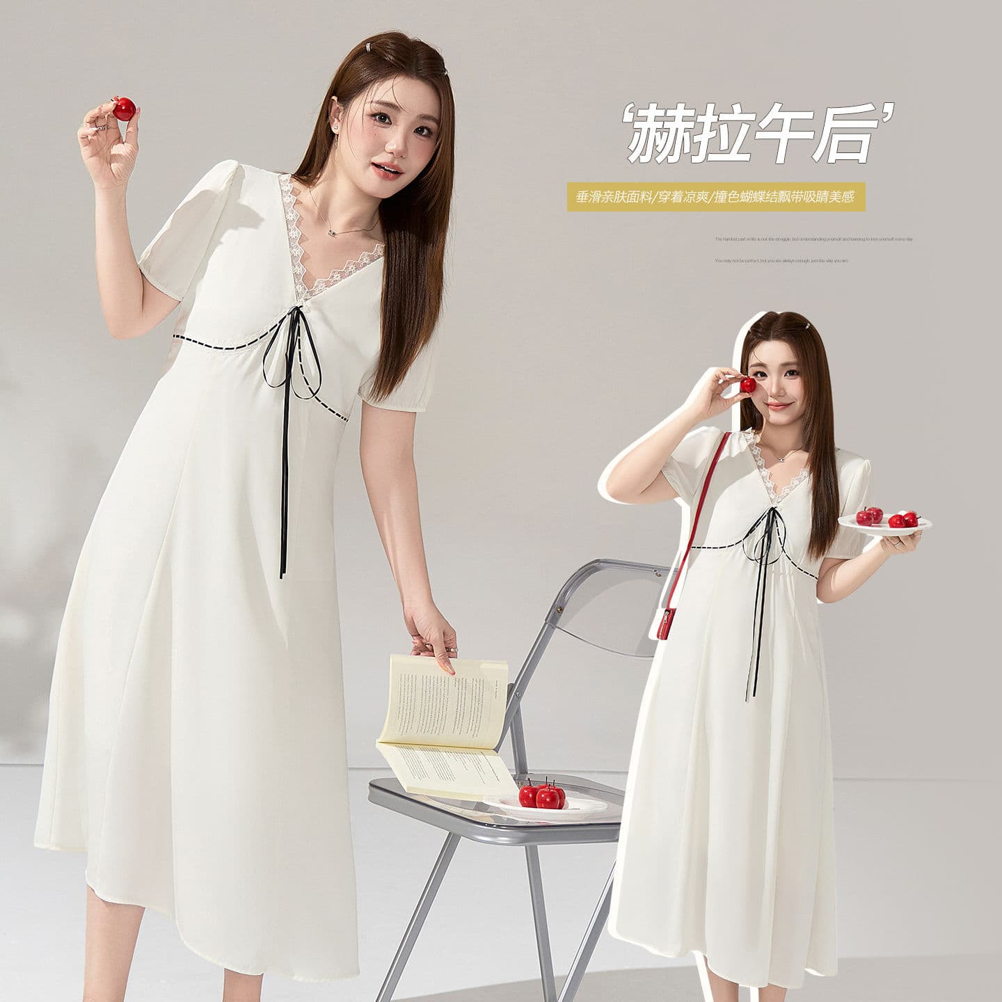 French Style Lace Tie V-Neck Regular Shoulder Dress for Plus Size Women Slimming Fit Dress 65602