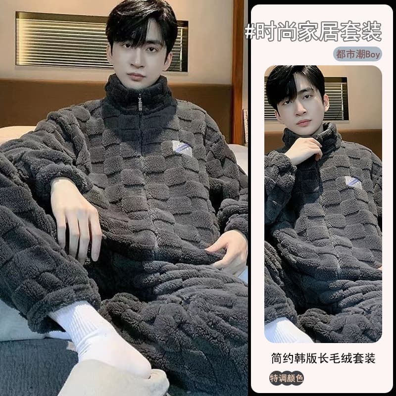 New Men's Coral Fleece Winter Pajamas Thickened Thermal Sport Style Wearable Outside Zipper Flannel Homewear Set