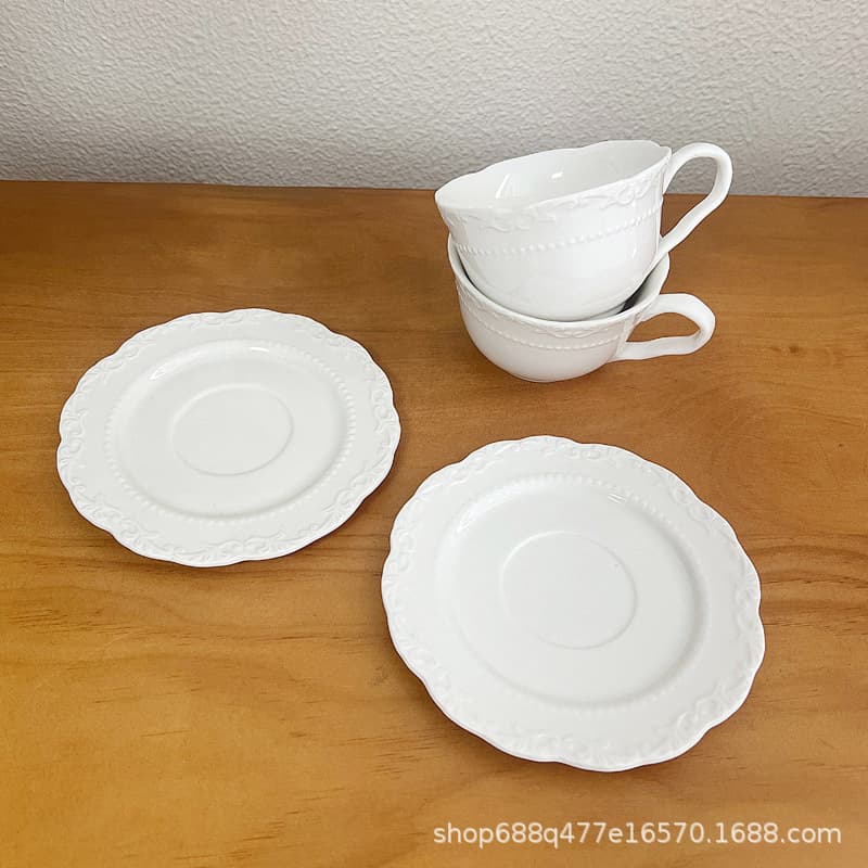 European-Style Retro Embossed Lace Ceramic Coffee Cup and Saucer, High-End Home Breakfast Milk Cup, Office Water Cup