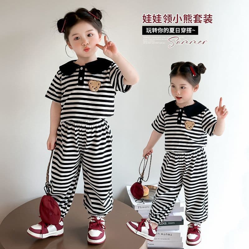 Girls' Fashionable Striped Peter Pan Collar Set 2026 Summer New Children's Sportswear Short Sleeve Baby Two-Piece Set