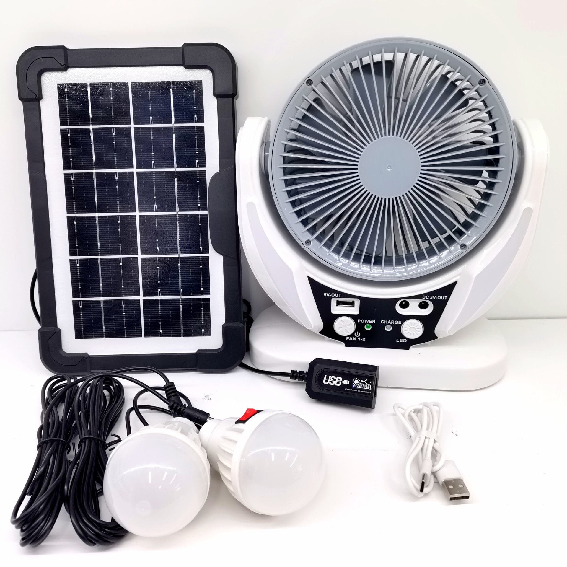 Cross-border Desktop Solar Panel Fan with Light Bulb for Camping and Home Use, Outdoor Solar Charging Fan 6 Inch