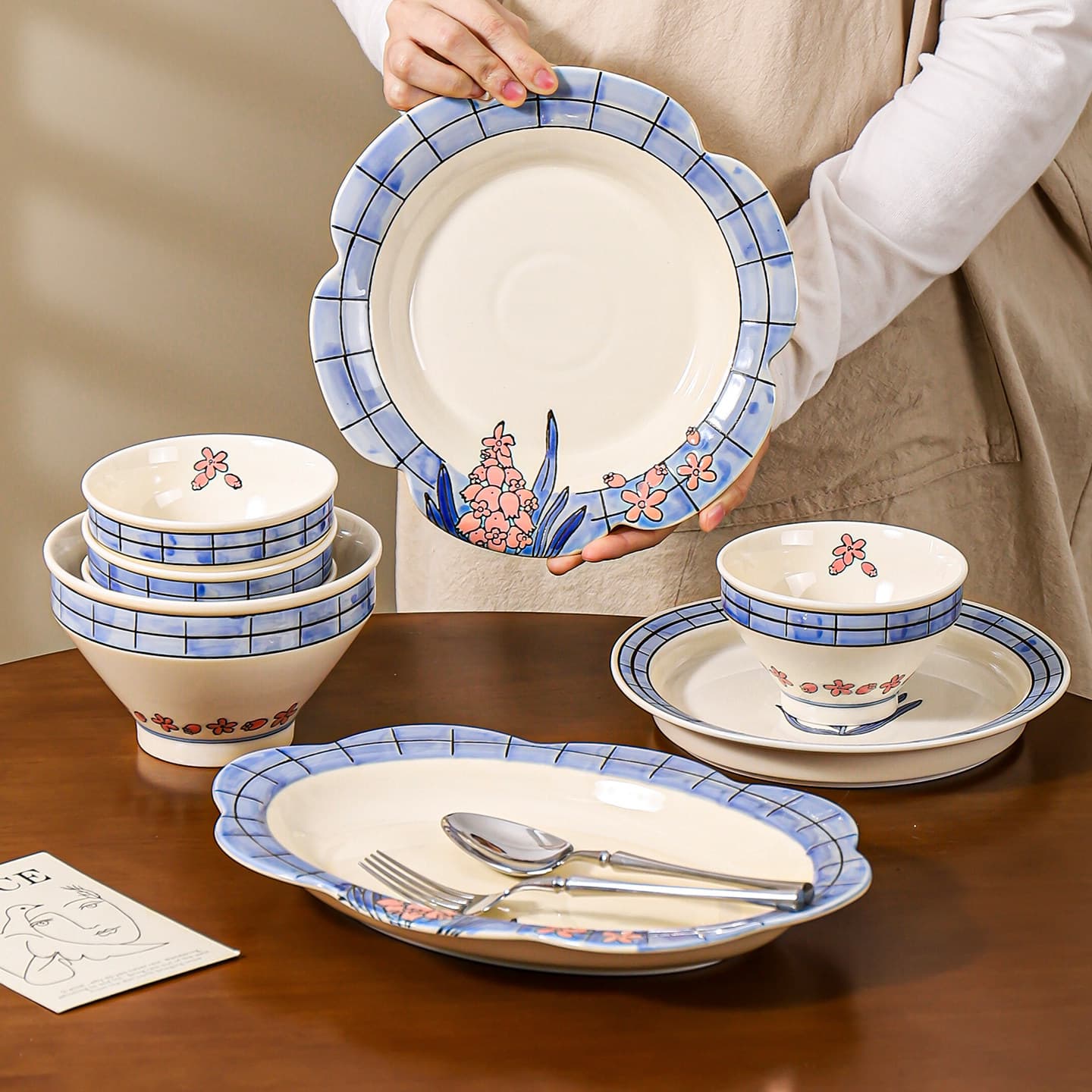 Retro bowl and dish set underglaze color ceramic tableware household high-value bowl plate rice bowl salad bowl dinner plate
