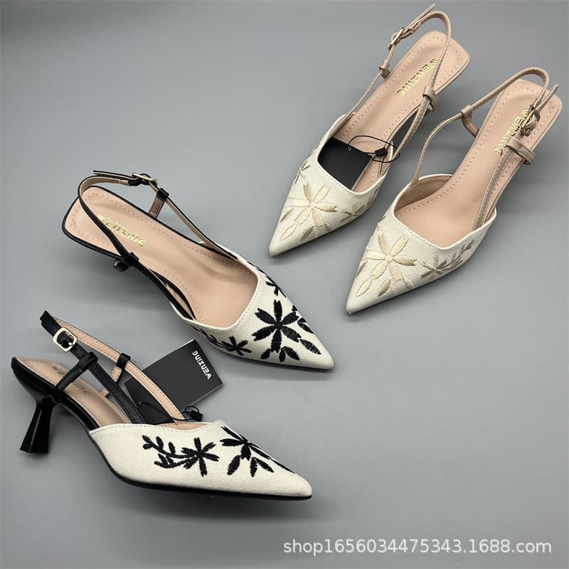 Women's French Pointed Embroidered Closed-Toe Sandals, 6cm Stiletto Heel, Summer Elegant Slim-Fit Shoes Perfect for Dresses, Stunning Single Shoes