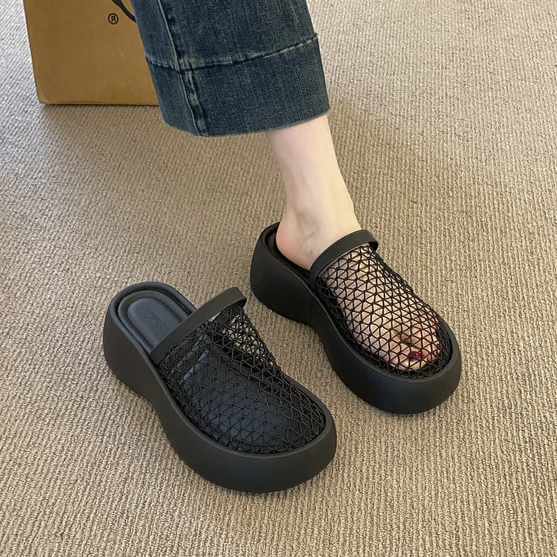 Unique Design Sandals 2026 Summer New Hollow One-Strap Thick-Soled Fishnet Slides for Women