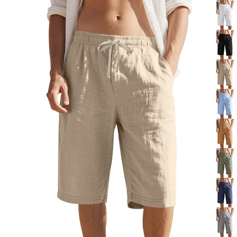 Independent station cross-border linen drawstring elastic waist straight leg TK solid color breathable daily beach three-point casual shorts for men