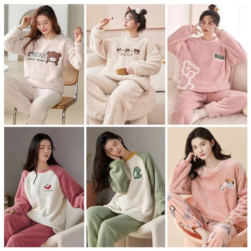 Flannel Cartoon Pajamas for Women Autumn Winter Thickened Warm Long Sleeve Set Coral Fleece Cute Homewear Foreign Trade Wholesale