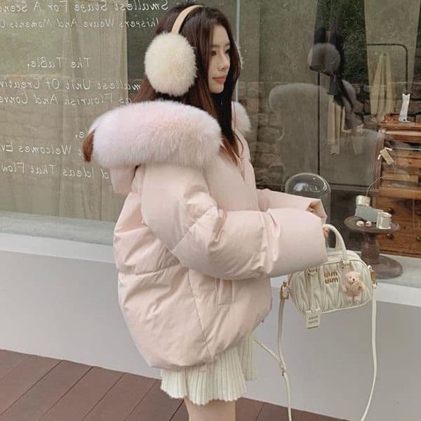 Cross-border Korean-style light pink hooded cotton coat with large fur collar for women, new winter short thick puffer jacket