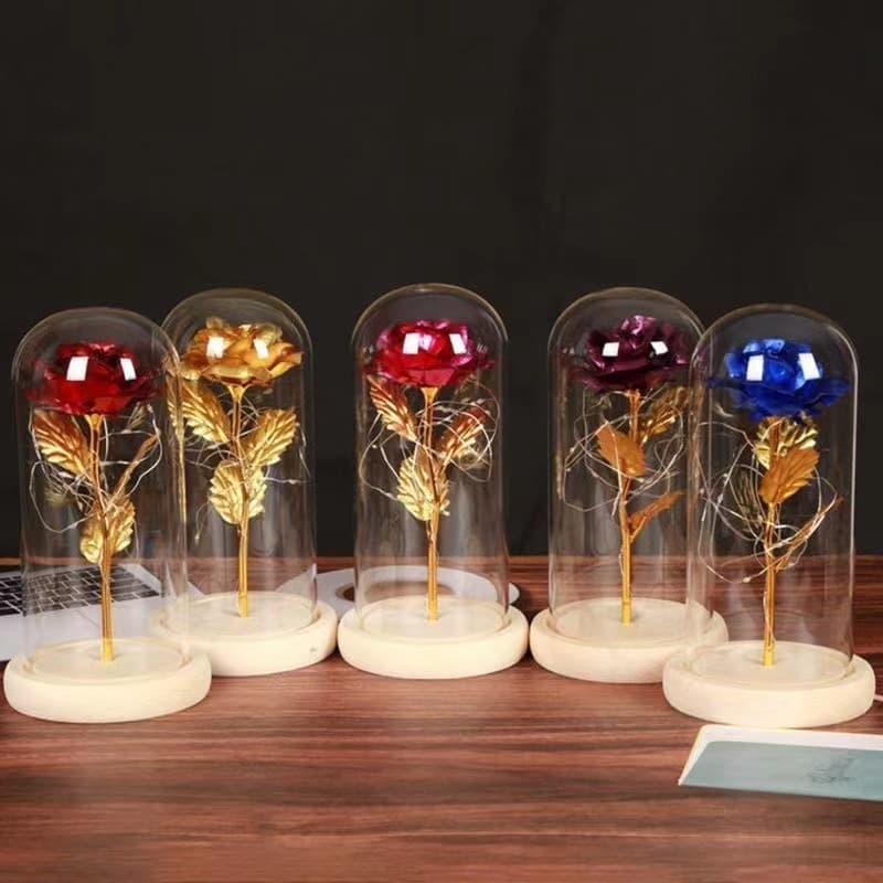 24k Gold Foil Flower Christmas Glass Dome Preserved Flower Ornament LED Preserved Flower Creative Craft Gold Foil Rose Gift