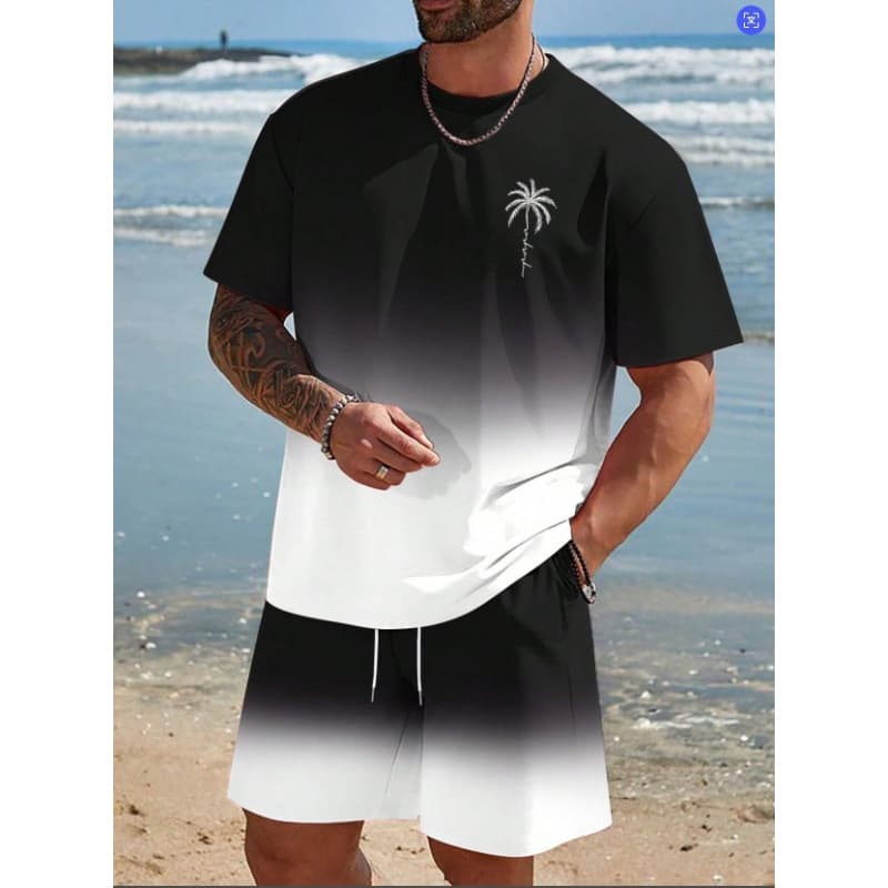 TEMU Summer 3D Printed T-Shirt and Shorts Two-Piece Set for Men Gradient Coconut Tree Pattern Casual Trendy