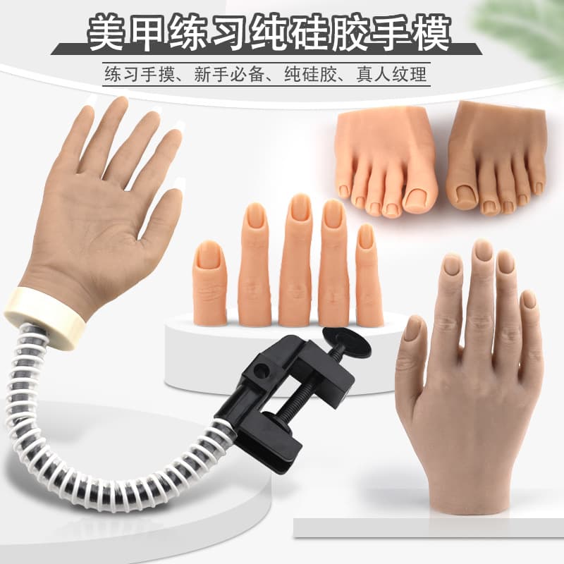 Pure Silicone Nail Art Practice Hand Model Flexible Joints Accompanied Nail Tips Silicone False Hand Model for Beauty Enthusiasts