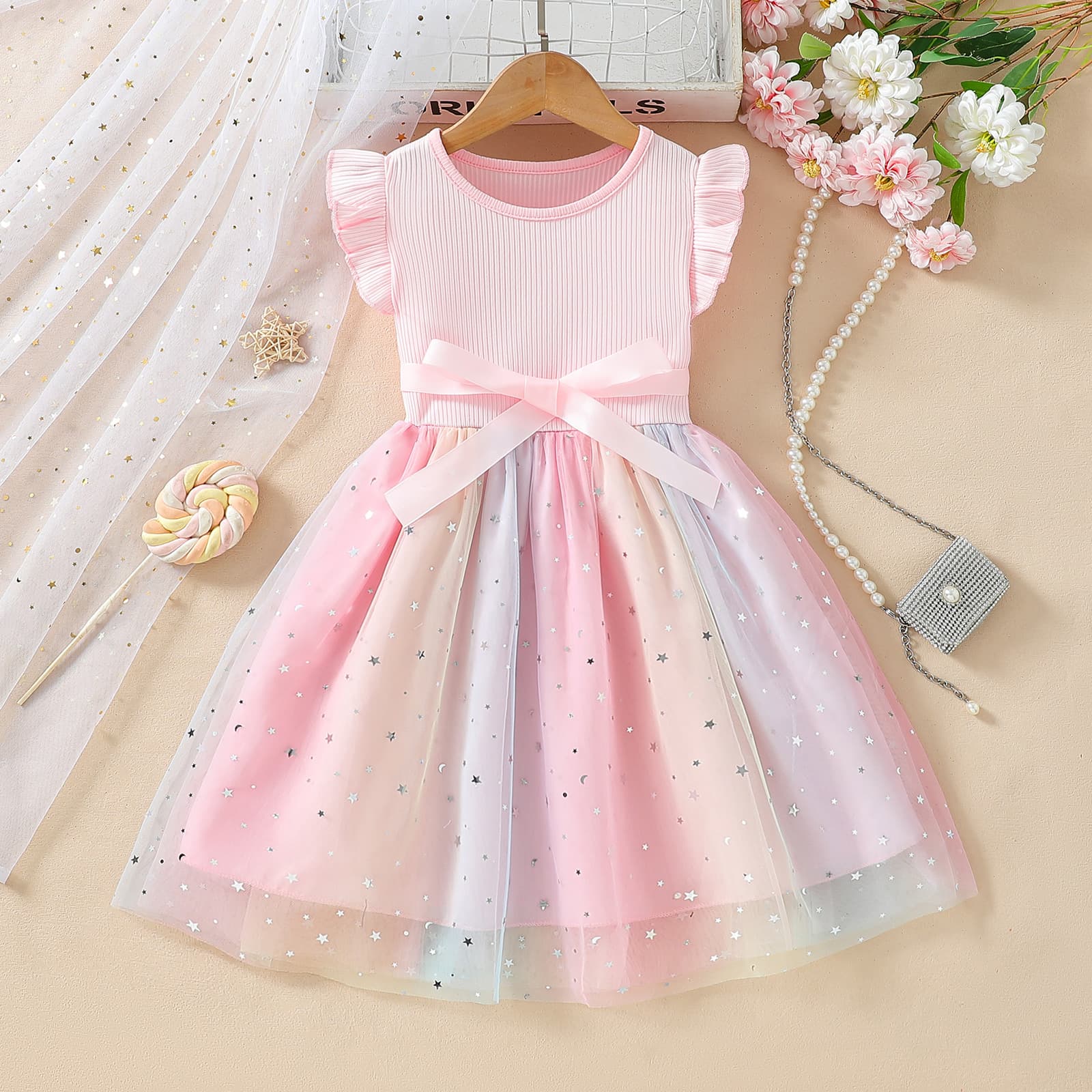 Girls Bowknot Dress 2026 Summer Short Sleeve New Gradient Mesh Children Princess Dress Fashion