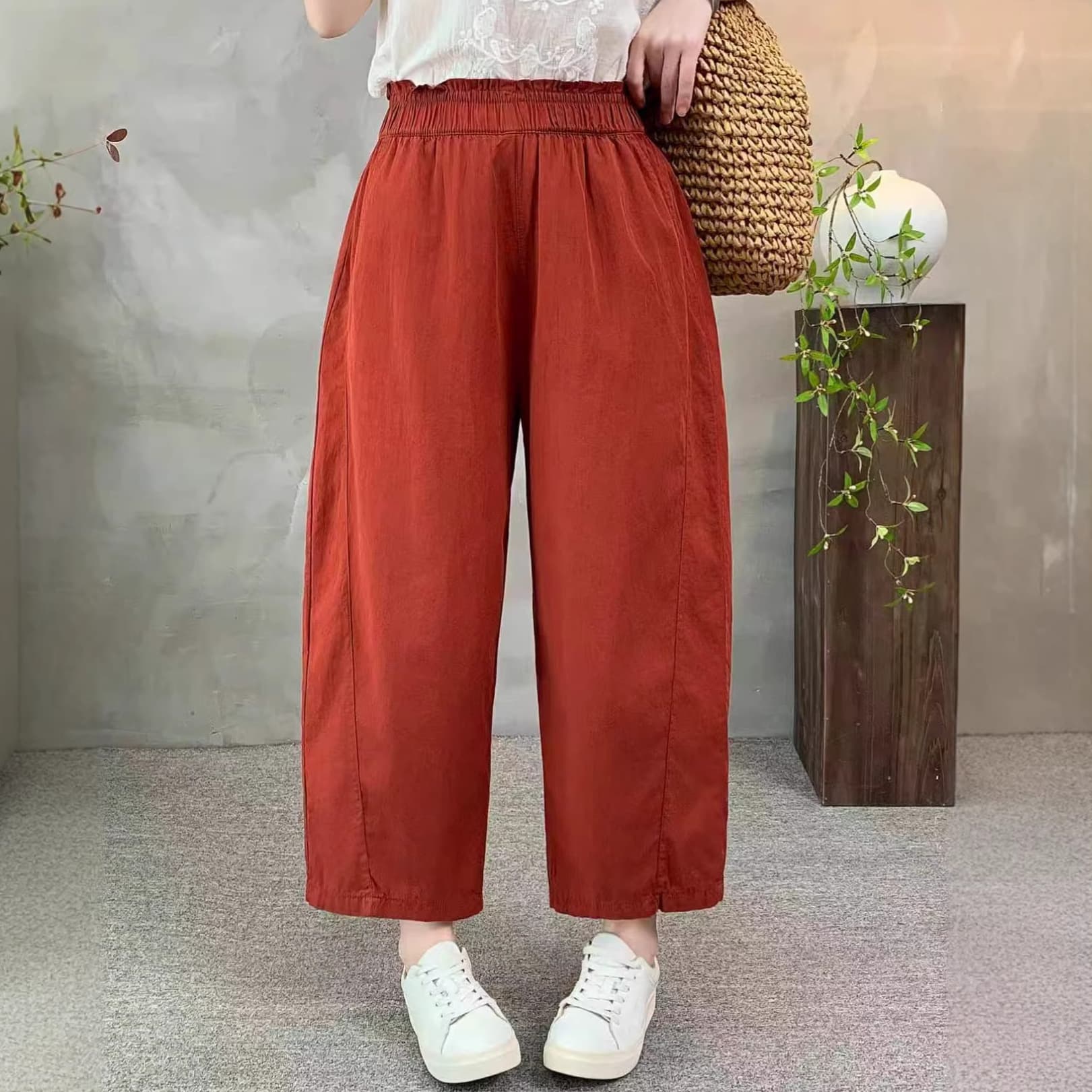 2026 Summer New Lyocell Cotton Cropped Pants Wide Leg Pants Women Elastic Waist Loose Casual Straight Pants Plus Size Women's Pants