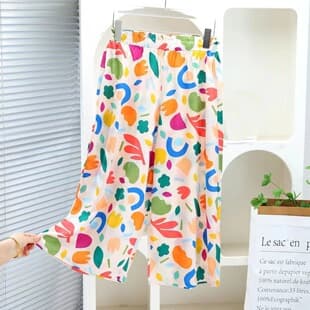 New Girls' Summer Thin Cotton Gauze Pajama Pants, Homewear Pants, Wearable Outside, 7/9 Length Wide Leg Pants