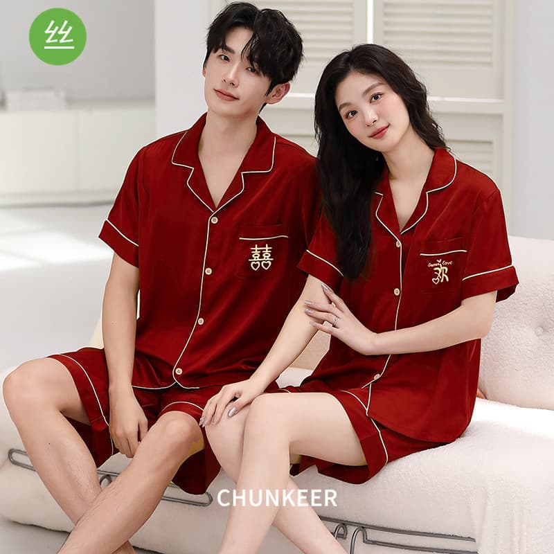 Ice Silk Pajama Wedding Couple Set Red Summer Silky Short Sleeve Quality Couple Outfit for One Man and One Woman