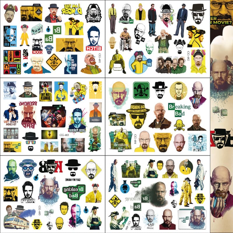 Breaking Bad TV Series Cartoon Tattoo Sticker, Kids Temporary Tattoo, Birthday Party Tattoo Sticker, Disposable Water Transfer
