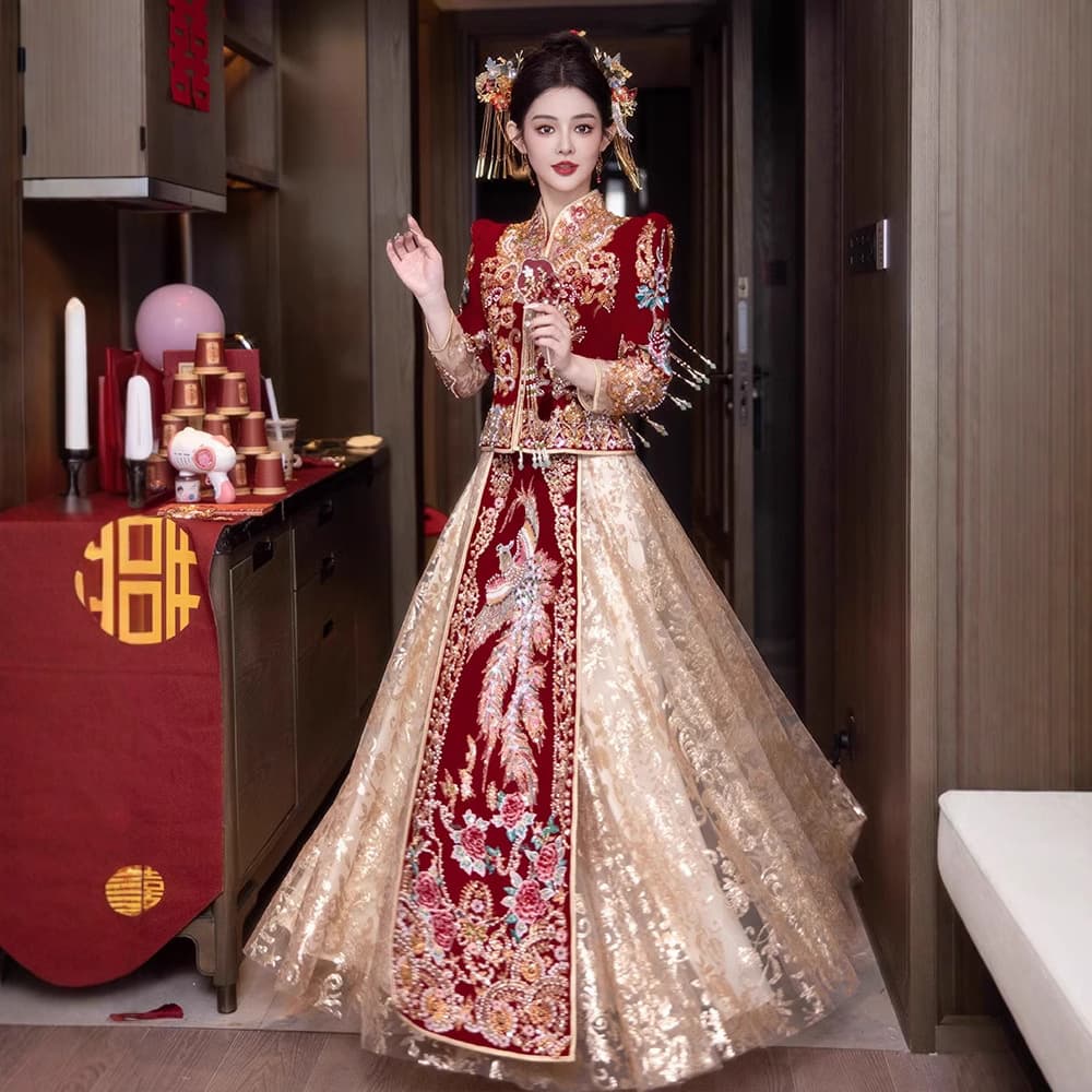 Xiuhe Wedding Dress 2025 New Style Premium Bride Wedding Toast Dress Chinese Wedding Velvet Xiuhe Dress Wholesale