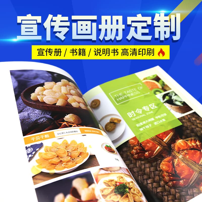 Custom brochure printing for corporate promotional catalogs, design manuals, hardcover albums, color printing, folding pages, and single sheets