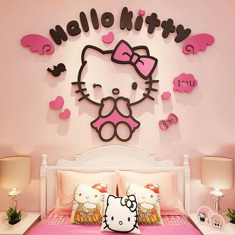 Hello Kitty Room Decoration Princess Style Kitty Cat Bedroom Ins Wall Sticker Decorative Wall Art
