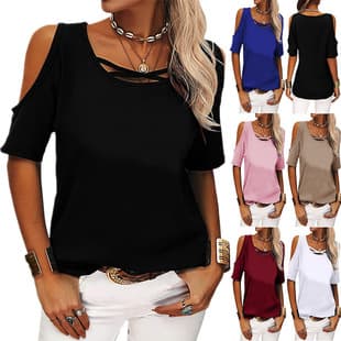 2023 Spring/Summer Women's Fashion Casual Solid Color Off-Shoulder Loose Short Sleeve T-Shirt for Amazon Wish Cross-Border Sales in Europe and America