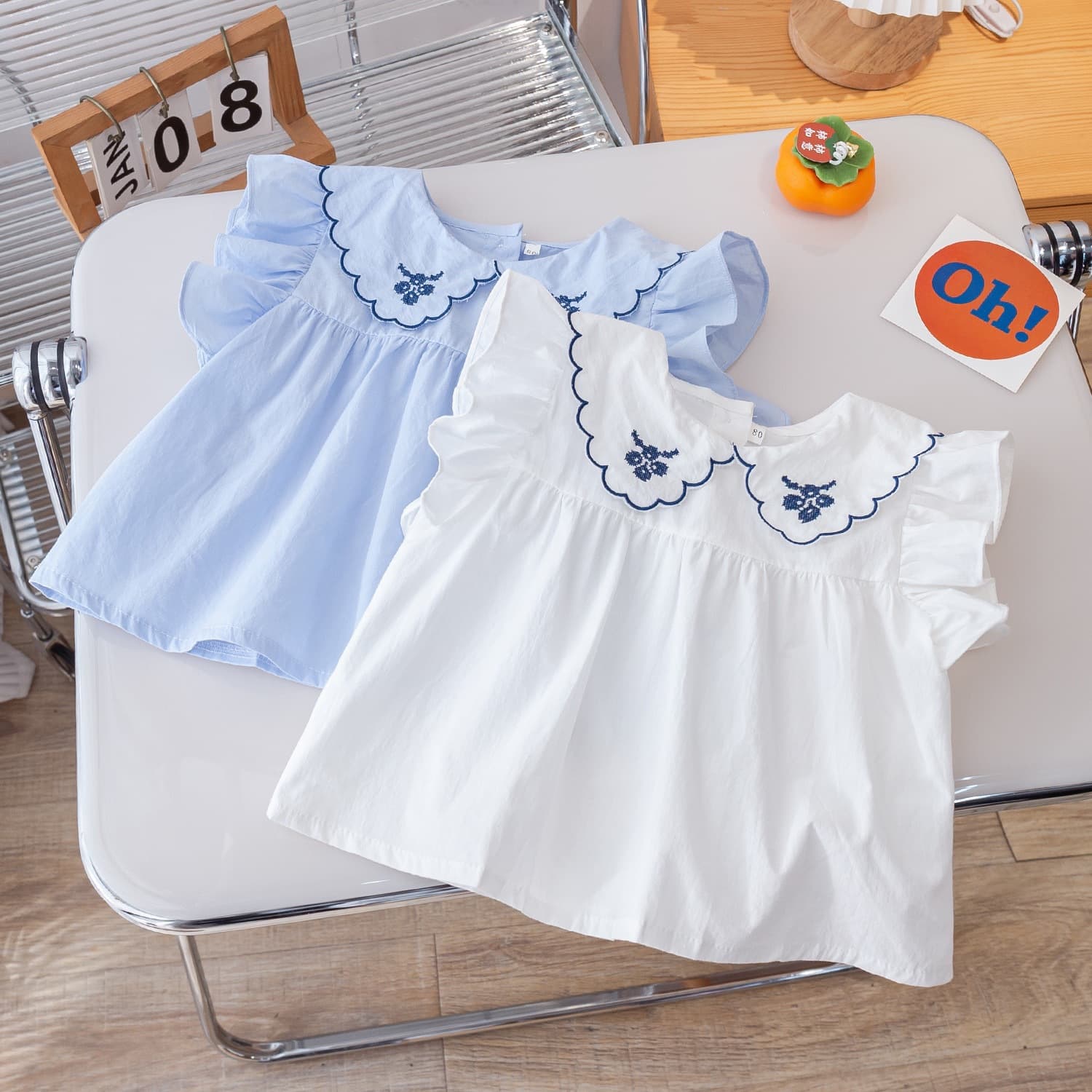 2025 Summer New Girls' Shirt Korean Style Literary Princess Dress Children's Doll Top Solid Color Embroidered Solid Color Top